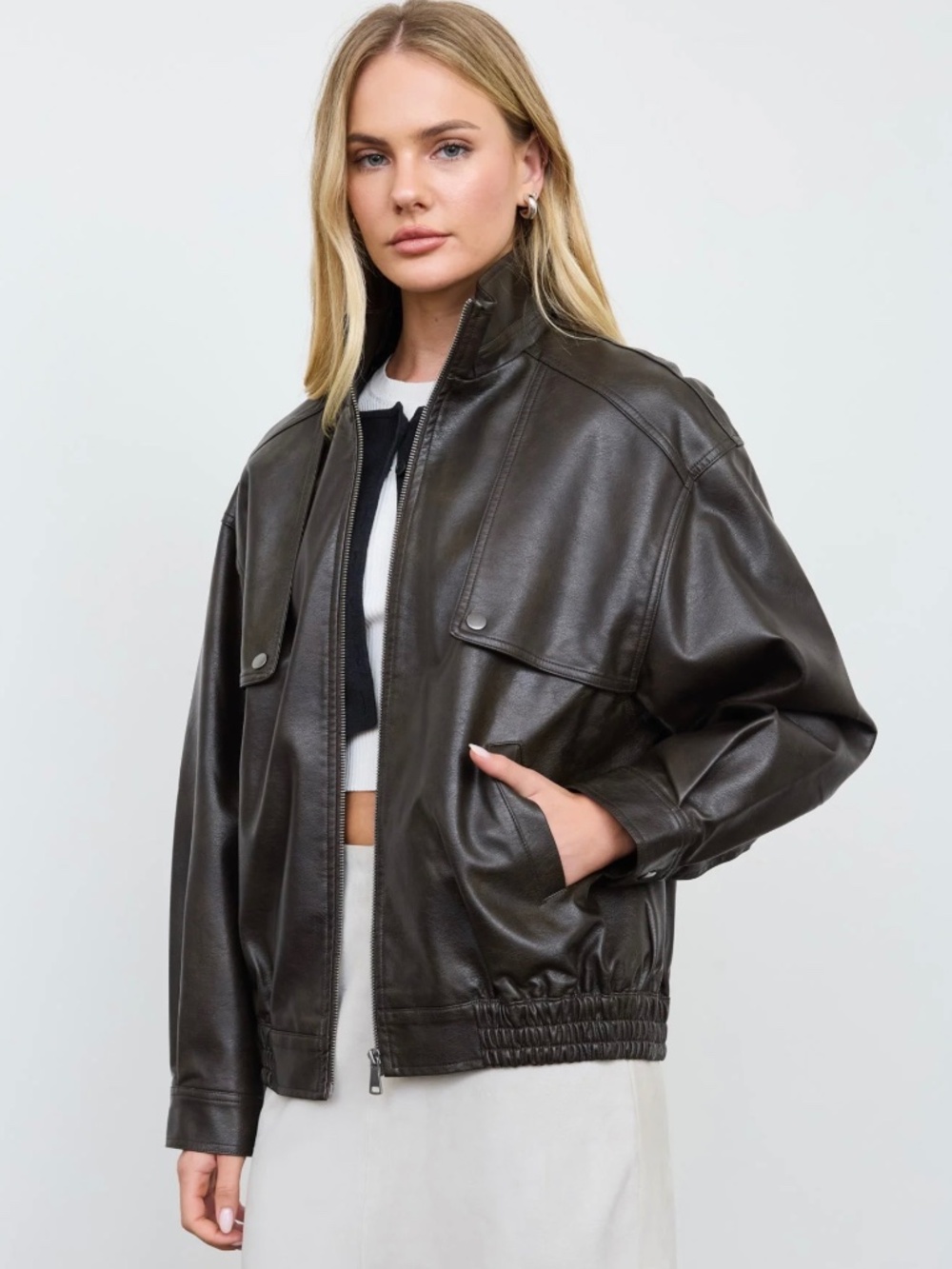 Bomber Faux Leather Jacket in Dark Brown Sm Med Lg